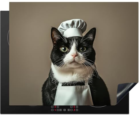 KitchenYeah© Herdabdeckplatte 65x52 cm Einteilig Herdabdeckung Abdeckplatte für Ceranfeld Abdeckung Induktionskochfeld Aufrollbare Matte Katze - Koch - Kleidung - Schwarz - Weiß