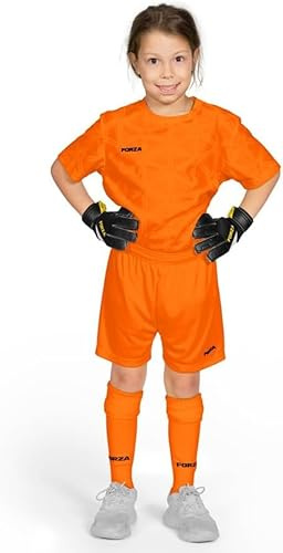 FORZA Kit Portiere A Maniche Corte per Bambini – Set Completo Unisex Junior con Maglia, Pantaloncini E Calze [5-14 Anni] | Leggero & Traspirante (Arancione Fluorescente, 7-8 Anni)
