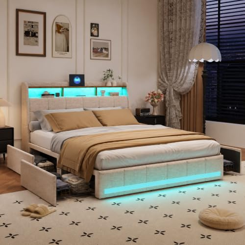Säng 160x200 med LED- och USB-ribbotten, förvaringssäng 160x200 med sänggavel och 4 lådor, vadderade dubbelsängar med ribbotten, säng för 2 personer för vuxna, sängram, utan madrass, beige