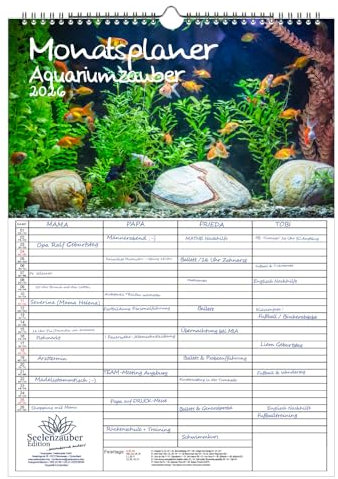 Aquariumzauber Planer Familienplaner 4 Spaltenplaner DIN A3 Kalender für 2026 Tiere im Aquarium und Unterwasser - Seelenzauber