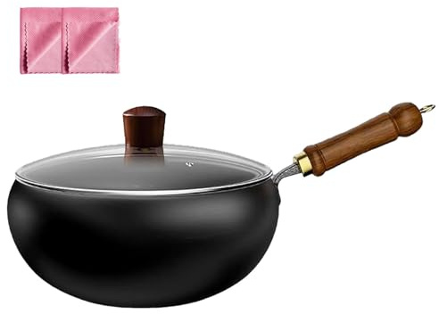 Japanische Eisenpfanne, Unbeschichtete Eisenpfanne, traditionell handgeschmiedeter Eisentopf, Mit Holzdeckel zum Kochen Braten (Mit Glasabdeckung, 28 cm)