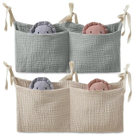 Babybett Organizer Hängend 2er Set – 2-teiliger Organizer für Babybett, Beistellbett, Kinderbett mit Haken – Doppeltasche für Windeln, Spielzeug, Zubehör, platzsparend & stilvoll