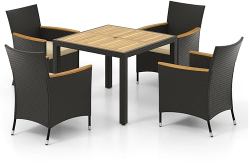 LIFEZEAL 5-teiliges Rattan Gartenmöbel Set, Sitzgruppe mit Gartentisch & 4 Stühlen, Gartenstühle mit Rückenlehne & Kissen, Garten Essgruppe Gartengarnitur für 4 Personen
