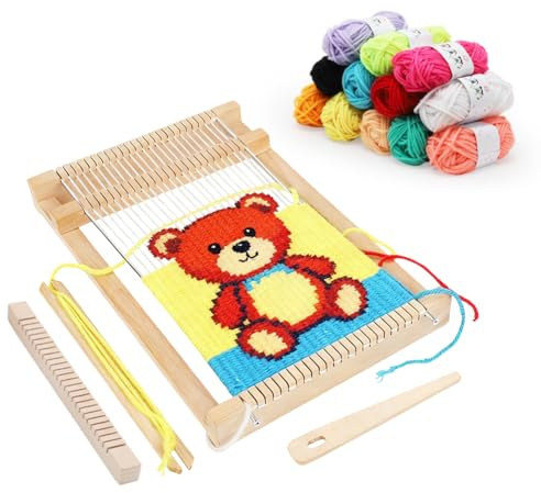MIUUIPI Webrahmen für Kinder ab 4, 29 x 19cm Holz Webrahmen Set, Loom mit Bunt Farbverlauf Wolle und Zubehör, Webrahmen Kinder, Schulwebrahmen für Anfänger zum Weben & Gestalten
