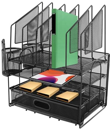 Schreibtisch Organizer mit Schubladen Metall, Briefablage mit 2 Stifthalter, Abnehmbarer Netz Schreibtisch Organizer mit 5 vertikale Fächer, für Schul Heim Büro Bedarf, 32,6x22,8x41 cm (Schwarz)
