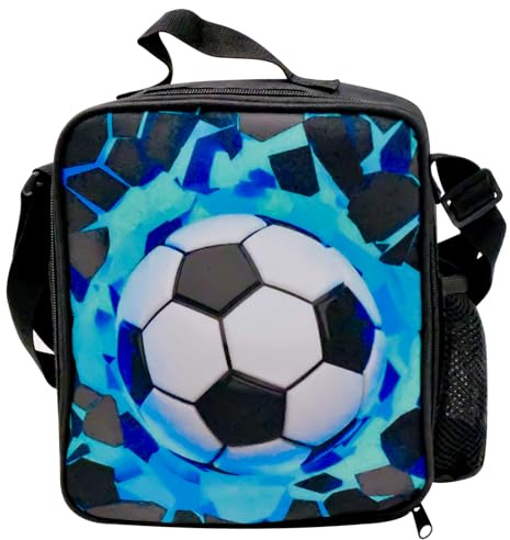 inheming Football Lunch Box Bag, 3D Football Insulated Lunch Bag for Boys Girls,Reusable Cooler Tote with Drink Bottle Holder and Adjustable Shoulder Strap