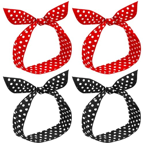TRKETK 4 Stück Haarschmuck Accessoire mit Polka Punkt, Gepunktete Stirnbänder Stirnbänder mit Einstellbar Draht Vintage Haarband in Klassischer Rot und Schwarz Haar-Accessoires für Mädchen Damen