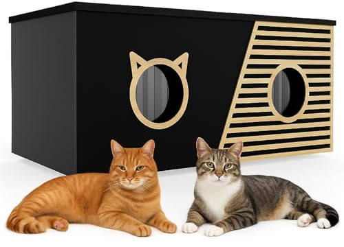 QLS Katzenhaus XXL 85x45x37,5 cm – wetterfest & isoliert mit Schutzvorhang, aufklappbarem Dach & OSB-Boden, für bis zu 4 Katzen Outdoor (Schwarz)