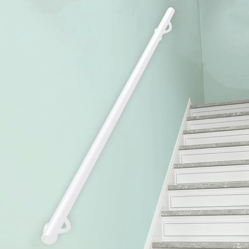 Corrimano per scale in metallo industriale - Kit completo, ringhiera per gradini interni ed esterni, corrimano per scale con supporto a parete, barra di sicurezza, bianco(120cm)
