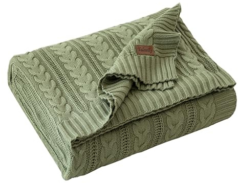 Talasily Strickdecke 150x200cm 100% Baumwolle Oeko-TEX, leichte Ganzjahresdecke Zopfmuster, atmungsaktiv weich für Frühling Sommer Herbst, Tagesdecke für Bett & Sofa, Wohnaccessoire Grün