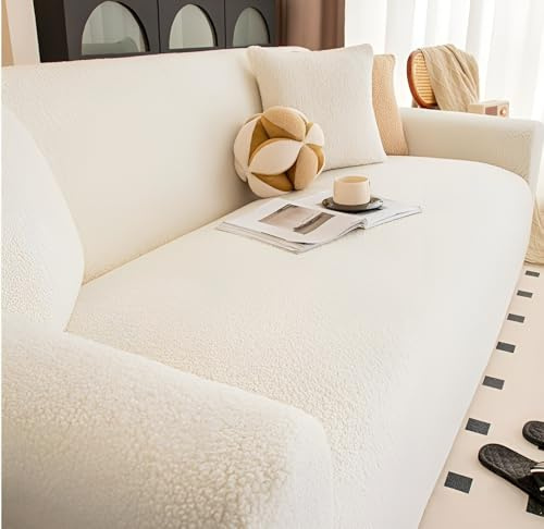 GZGLZDQ Sofabezug mit Hoher Elastizität & rutschfest, Waschbarer Sofa Cover Bezug aus Teddyfell, Passend für L-Form, Gerade und Einzelne Sofas Haushaltsschutzbezüge(White,145-185 cm)