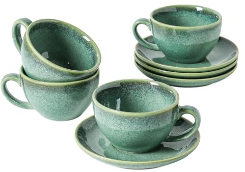 Kaffeeservice Porzellan, Kaffeeset Grün 4er - 240ml, Handmade Kaffeetassen Set für 4 Personen, Beinhaltet Kaffeetassen, Untertassen