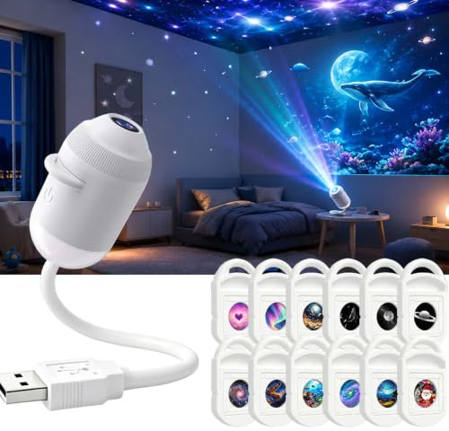 Projecteur Galaxie - Plug And Play Hd Star Projector, Hd Smart Dynamic 5d Holographic Night Light Projector, Rotation à 360°, Avec 6/12/24 De Diapositives, fur Dans Chambre, Voiture (Blanc-12 Films)