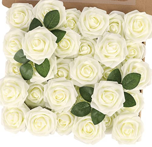 N&T NIETING Artificial Rose Flowers, 30Pcs Ivory Real Touch Fake Foam Roses for Bridesmaid Bridal Bouquets, Valentine's Day, Mother's Day, Wedding Party, Baby Shower, Christmas Decoration