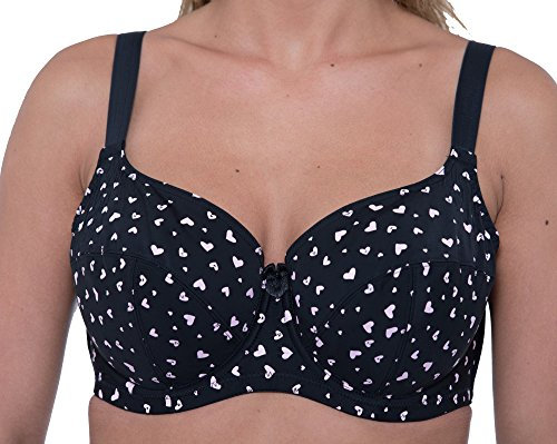 Gemm Women Heart Print Bra Balcony Full Cup Underwire Firm Support, Adjustable Straps, Comfort Back Support, Black Pink, 34F