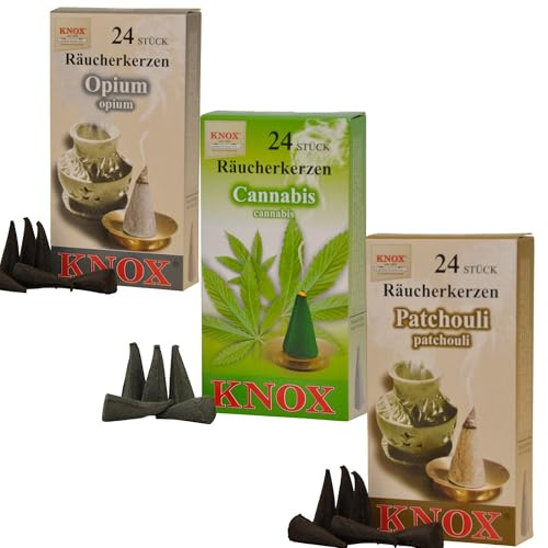 KNOX Set di 3 coni di incenso esotici – Profumi: oppio + cannabis + patchouli – Dimensioni: M – 72 pezzi – Made in Germany
