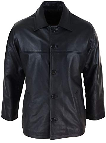 Veste décontractée pour Homme en Cuir véritable boutonné mi-Longueur Classique - Noir M