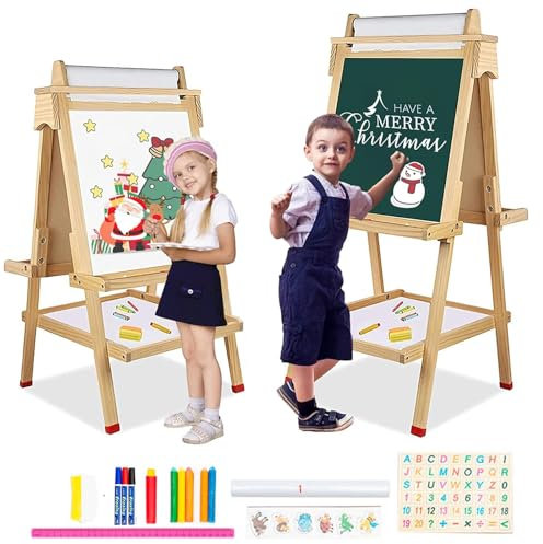 Kinder Staffelei 3 in 1 mit Papierrolle Doppelseitige Whiteboard und Tafel Kinder Spiel-tafel Holz Höhenverstellbar Standtafel 95-115CM Kindertafel mit Ablagefach Buchstaben Zahlen und Anderes Zubehör