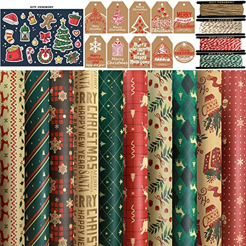 FullJoyHut Carta da Regalo Natalizio Set,tra cui 10 Carta da Regalo Natalizia,10 Etichette Regalo Natalizie Carta Kraft,4 Rotolo Corde di Luta e Cotone e Metallico per Confezione regalo di Natale