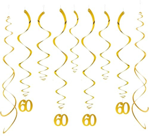 GAKA FAVOR Wirbel Deko Zahl 60 Gold Spiralen Girlande Folien Deckenhänger DoppelSpiral Deko für 60 Geburtstag, Hochzeit, Jubiläum oder Partydeko （20 Stück ）