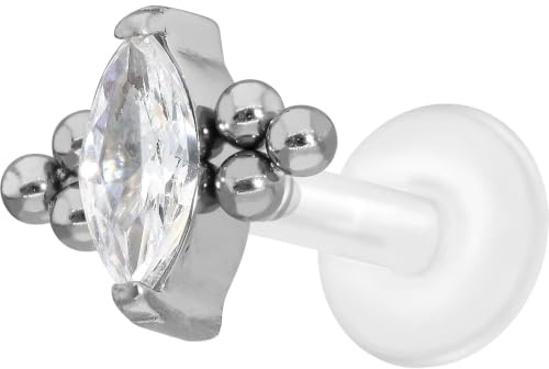 PIERCINGLINE PTFE Labret mit Innengewinde Titan Aufsatz KRISTALLTROPFEN + 6 KUGELN Piercing Lippe Nase Ohr Helix Tragus Medusa Farb & Größenauswahl