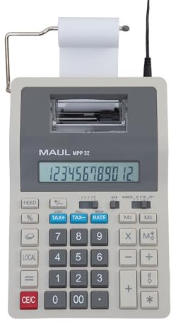 MAUL Tischrechner Printing MPP32 | druckender Rechner mit Allen wichtigen kaufmännischen Funktionen und 12-stelligem Display | 2-Farbiger Druck | 2 Zeilen/Sek | Netz- u. Batteriebetrieb | Grau