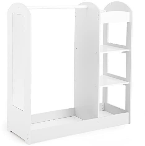 GYMAX Kids Dress up Storage, Wooden Children Wardrobe with Mirror, Clothes Rail and 4-Tier Shelves, Toddlers Closet for Girls Boys Bedroom (White), 93 x 38 x 100 cm (L x W x H) (GYTP10021)