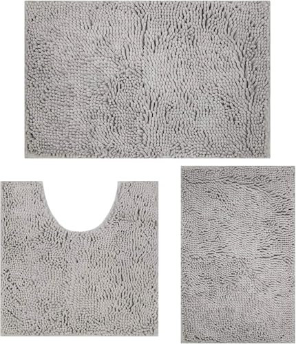 Ultra Soft Chenille Bath Mat Non Slip, Bath Mat Set 3, Shaggy Bathroom Mats, Super Absorbent Bath Mats for Bathroom, Fluffy Bathrooms Mat Set with U-Shaped Toilet Rug (Light Grey)