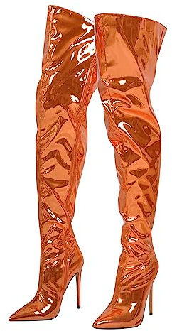 richealnini Metallic Over the Knee High Boots Sexy Pointed Toe Thigh High Boots Zip Up Stiletto Heels Wide Calf and Long Shaft Sock Boots Mid Slim Heeled Stocking Boots Club Date Dress Orange Size 6
