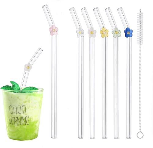 JINGIHE 6 Stück Glasstrohhalme, 20cm lang, Wiederverwendbar, Trinkhalme Glas, Bunte Blume Design, Gebogen, mit 1 Reinigungsbürste, Ideal für Säfte, Cocktails, Smoothie, Kaffee, Bubble Tea