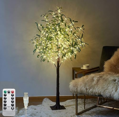 LOGT Arbre à LED Lumières Artificiel Olivier 180cm 300 LED Blanc Chaud, Arbre à LED Lumières USB avec télécommande, 8 Modes d'éclairage, Lumières Arbre Décoratif, Plantes Vertes artificielles,150cm