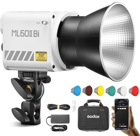 Godox ML60IIBi Studio Light 70w Luce Video LED kit 2800K-6500K 11 FX Effetti di Scena di Illuminazione CRI 96+ TLCI 97+ Luce LED Bicolore con Supporto, Riflettore