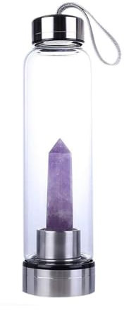 Queemie Naturel Améthyste Cristal Eau Bouteille, Acier Inoxydable Verre Violet Quartz Pierre Précieuse Obélisque Baguette Énergie Coupe de Sports pour Guérison Bien-être 550ml