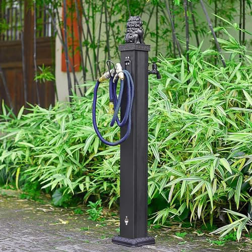 GMBAYUE Garten Wasserhahn Säule, Wasserzapfsäule Edelstahl, Standbrunnen Garten, Außenwasserhahn Frostsicher, Antik-Look, Quadratisch, mit Wasserhahn und Spritzpistole(L)