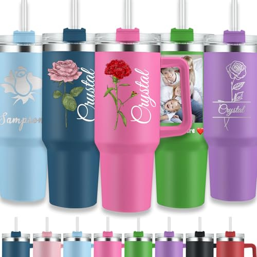 WolunLi Gobelet personnalisé de 1200 ml avec poignée et paille – Tasse de voyage personnalisée avec photo/texte, tasse de voyage isotherme en acier inoxydable pour boissons chaudes et froides, cadeau