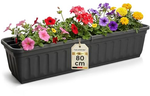 Hausfelder Blumenkasten 80 cm mit Wasserspeicher und Wasserstandsanzeige, Balkonkasten mit Bewässerungssystem für Innen und Außen (Anthrazit-Schwarz, 80cm lang)