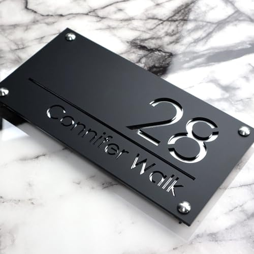 Letrero 3D flotante personalizado para exteriores con número residencial y dirección de calle (negro + plateado)
