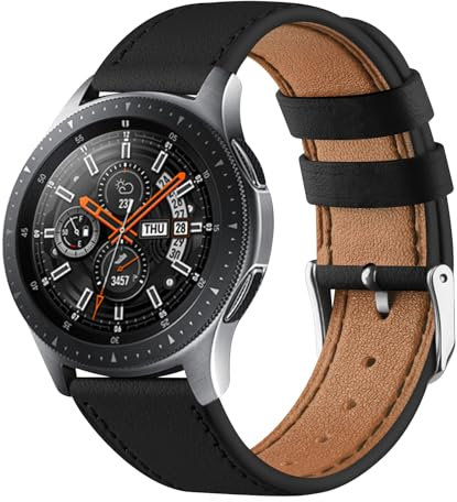 22mm Leather Strap Compatible With Samsung Galaxy Watch 46mm /Galaxy Watch 3 45mm /Gear S3 Frontier/Classic, Soft LeatherSport Wristband Replacement Straps For Men Women (22mm, Black)