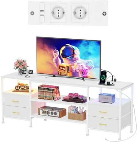 Rcynview TV Schrank Weiss mit LED-Beleuchtung Steckdose, TV Board Fernsehtisch für Fernseher bis zu 70 Zoll, TV Tisch mit Offenen Ablagen, 4 Schubladen, TV Möbel für Wohnzimmer, Weiß, 40x160x63cm