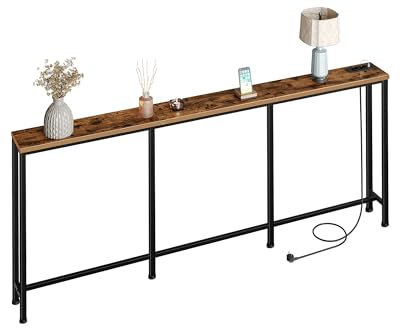 CHOEZON 200cm Konsolentisch, Flurtisch mit Ladestation, schmaler Sofatisch mit 2 Steckdosen und 2 USB, Beistelltisch, für Wohnzimmer, Eingangsbereich, Rustikales Braun und Schwarz DTXG20CBF