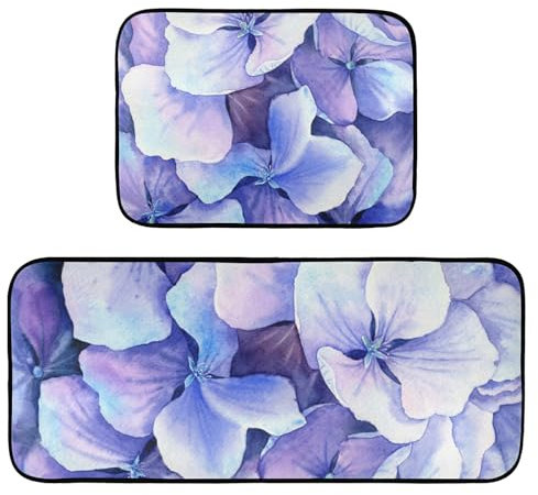 Küchenteppiche, 2 Stück, rutschfest, waschbar, violette Hortensien, Blütenblätter (2), Anti-Ermüdungsmatte, Stehmatte für Küche, Flur, Läufer Set