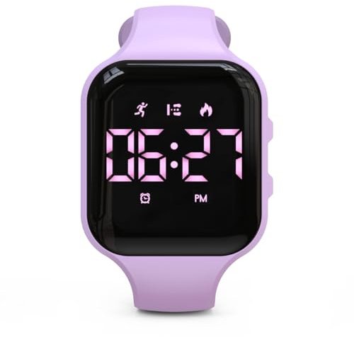 Focwony Kinder-LED-Fitness-Tracker-Uhr, Schrittzähleruhr Digitaluhr, Armbanduhr, Schrittzähler/Entfernung/Kalorien/Wecker, Tolles Geschenk für Kinder Teenager Mädchen Jungen (Lila-Quadrat)