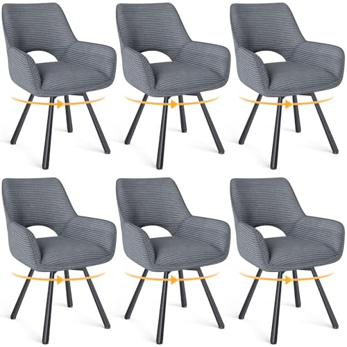 WAFTING Esszimmerstühle 6er Set Drehbar 360°,Armlehnstuhl,Küchenstuhl,Grau | Metallbeinen,Cord Stoff,Küchenstühle,Wohnzimmerstuhl,Polsterstuhl mit Samt,Esszimmer,Restaurant,Schlafzimmer,Konferenzraum