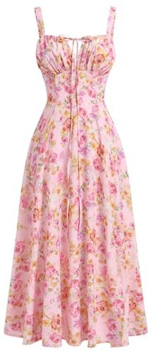 IBAKOM Femmes Robe d'été Spaghetti Bretelles Robe de Printemps Bohème Robe Avant Fourche Swing Midi Sun Jupe Fête Vacances Plage Robe