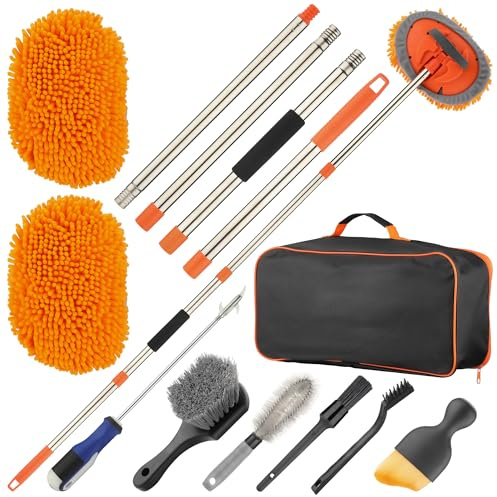 GEARCELL 7 PCS Car Wash Mop Set, Car Wash Brush with 62 Inch Telescoping Handle, 2 in 1 Microfiber Cleaning Kit with detailing brushes car wheel brush & Storage Bag for Car Rv Suv Trucks
