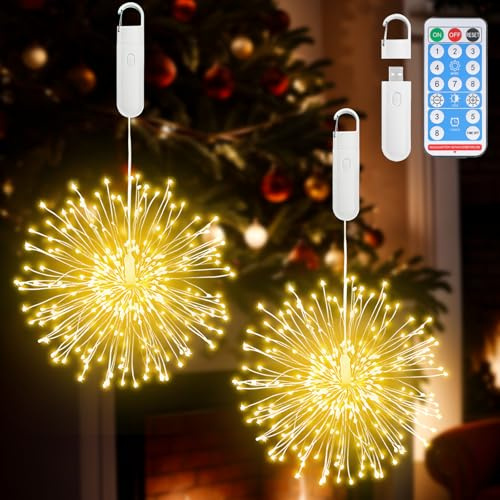 Bubuny 2 Stück Feuerwerk Lichterkette LED Weihnachtslicht 8 Modi Lichter USB Laden mit Fernbedienung Timer, Wasserdicht Hängende Licht für Weihnachten Außen Innen Hochzeit Garten Party