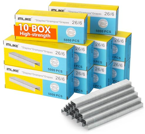 IMLIKE 26/6 Standard Staples 1/4-10 Boxes (50,000 Staples), 210/Strip, Chisel Point, Jam-Free, for Office & Home Staplers