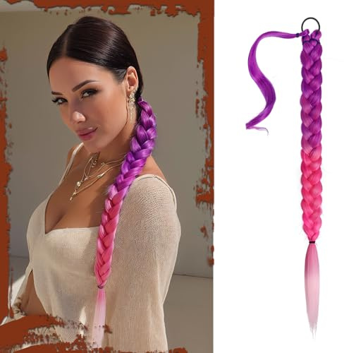 Sofeiyan Lunga Estensione Coda di Cavallo, 66 cm Viola Sfumato in Rosa Shocking Lunga Coda di Cavallo Intrecciata con Cravatta Coda Capelli Lunghi Sintetico Ponytail Extension per Donne