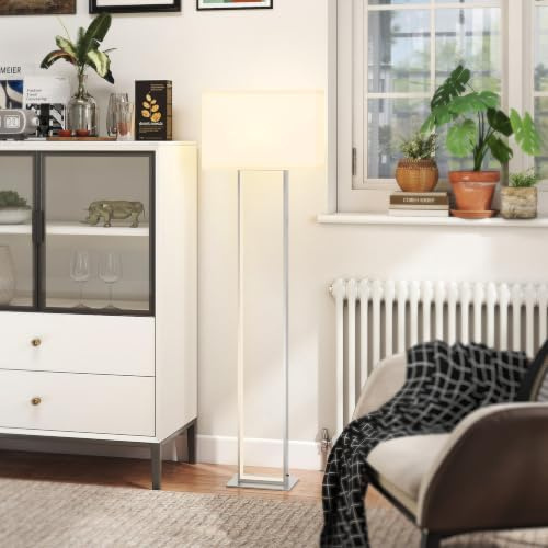 HOMCOM Lámpara de Pie Moderna 150cm con Pantalla de Tela para Salón Blanco | Luz Nocturna, Interruptor de Pie, Base Metálica, para Dormitorio Oficina Sala de Estar