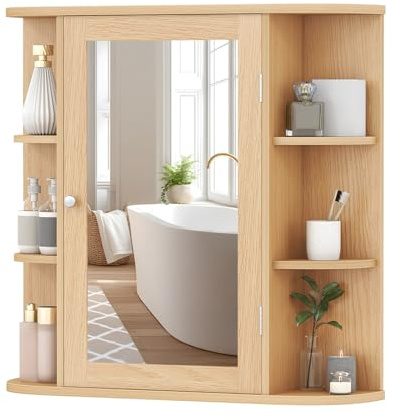 GIANTEX Spiegelschrank Badezimmer, Hängeschrank mit Spiegel, Badezimmerspiegel 10 Ablagen, Wandschrank mit Tür, Schminkschrank Holz, Badschrank Badezimmerschrank 65 x 17 x 63 cm (Natur)